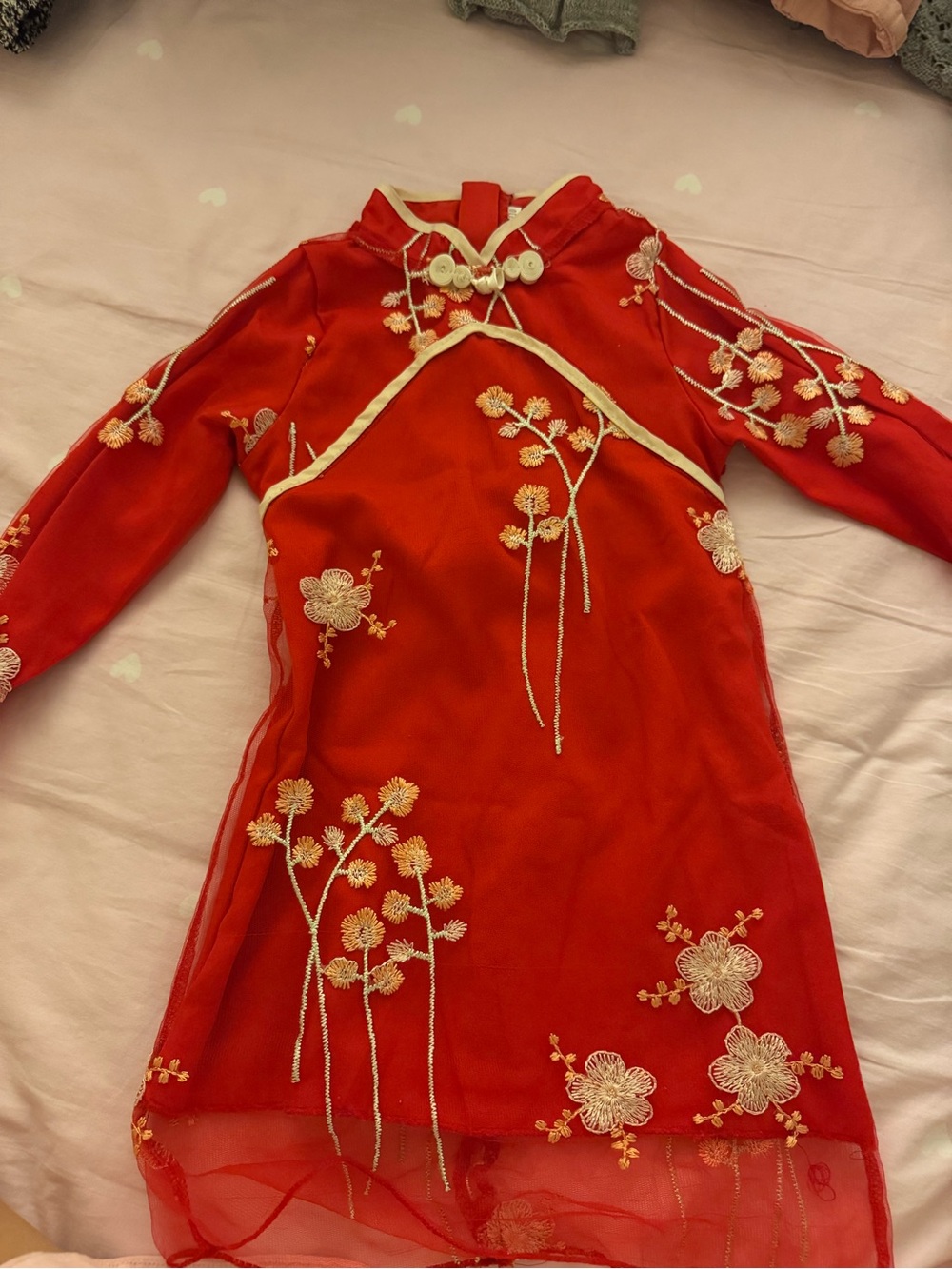 Girls Red Embroidered Floral Cheongsam Dress